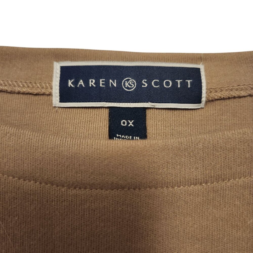 Karen Scott Neutral Brown White Cotton Striped Tee Shirt Size 0X - Picture 5 of 9